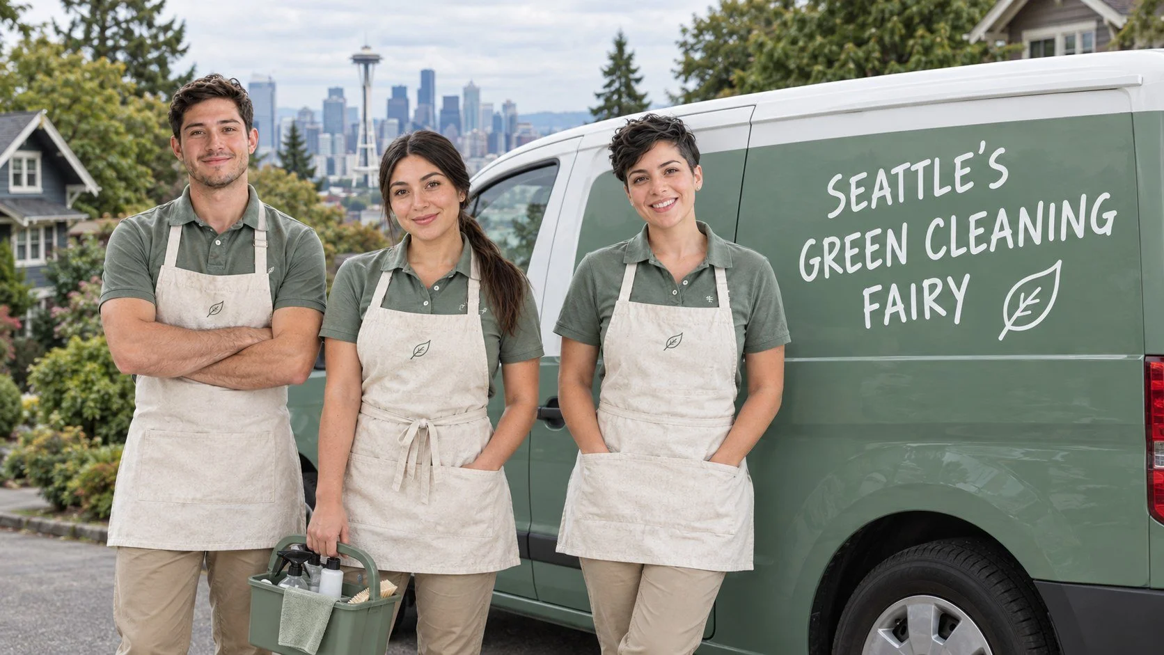 The Seattle's Green Cleaning Fairy team, Enrique Gonzalez, Maria Lachmann, and Lidia Rico, standing in front of their branded van with the Seattle skyline behind them