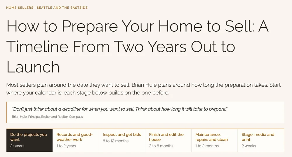 Preview of Brian Huie's seller prep timeline, a six-stage plan from first projects to launch week