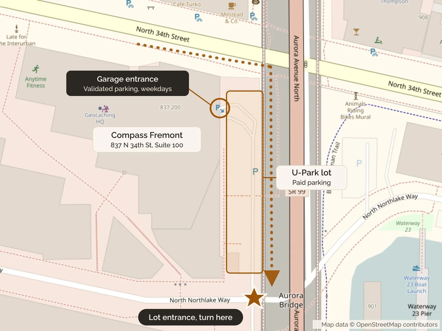 Map of the Compass Fremont office at 837 N 34th St with a star at the U-Park lot entrance on N Northlake Way and the validated garage entrance at the north end of the lot