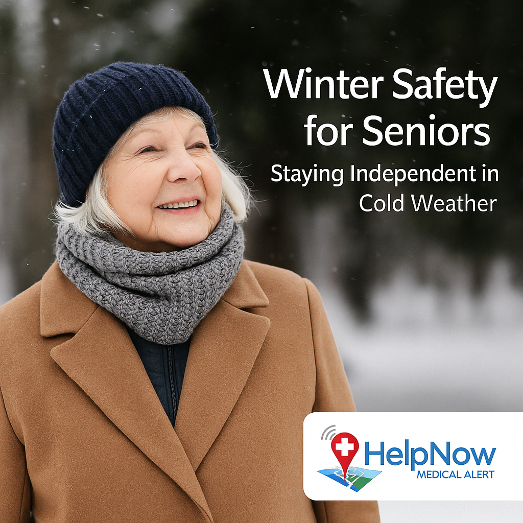 Smiling senior walking safely outdoors on a winter day wearing a coat and scarf — winter safety for seniors
