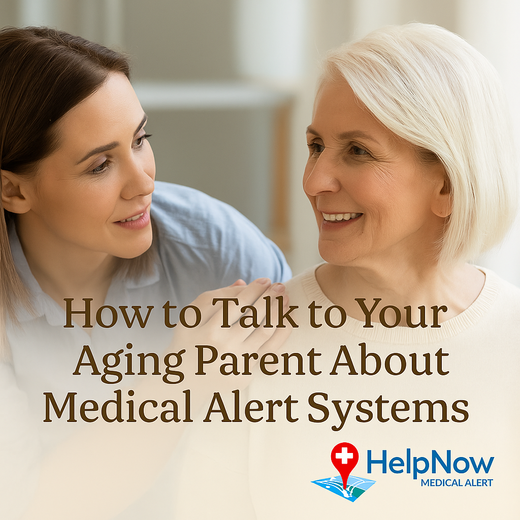 Adult child talking to elderly parent about medical alert systems