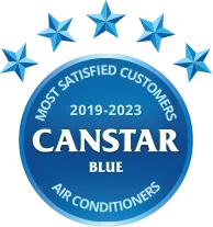 Canstar Blue Most Satisfied Customers, Air Conditioners 2019 to 2023 award badge