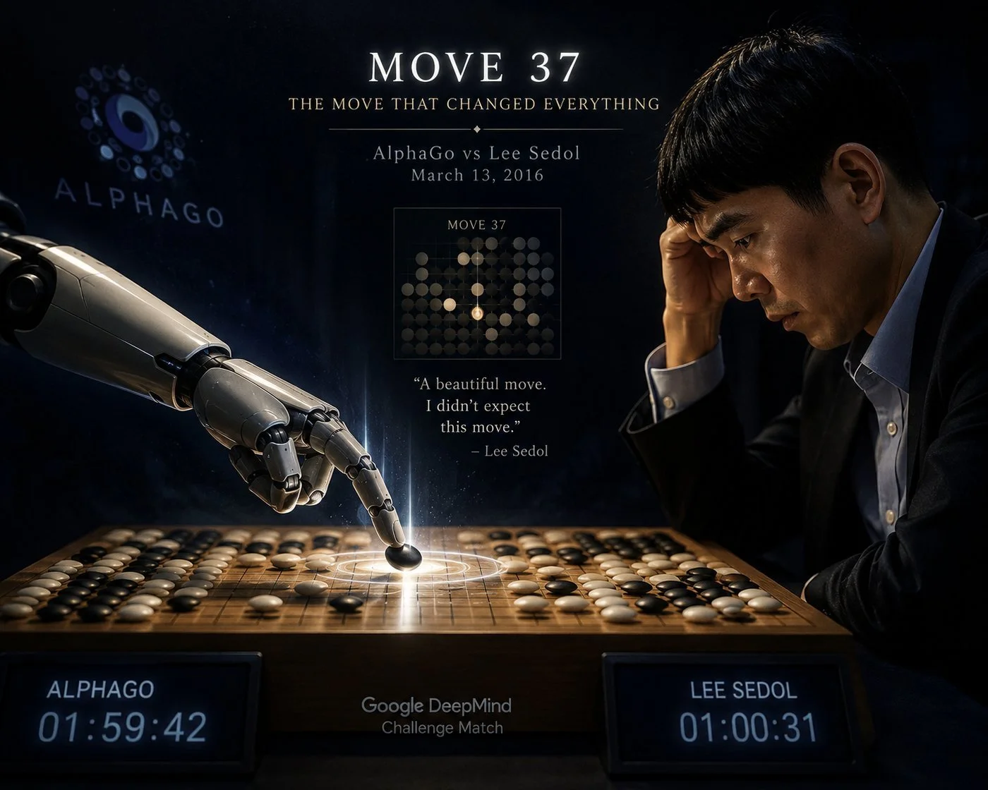 AlphaGo Move 37, March 2016: a robotic arm placing a stone on the Go board as Lee Sedol looks on