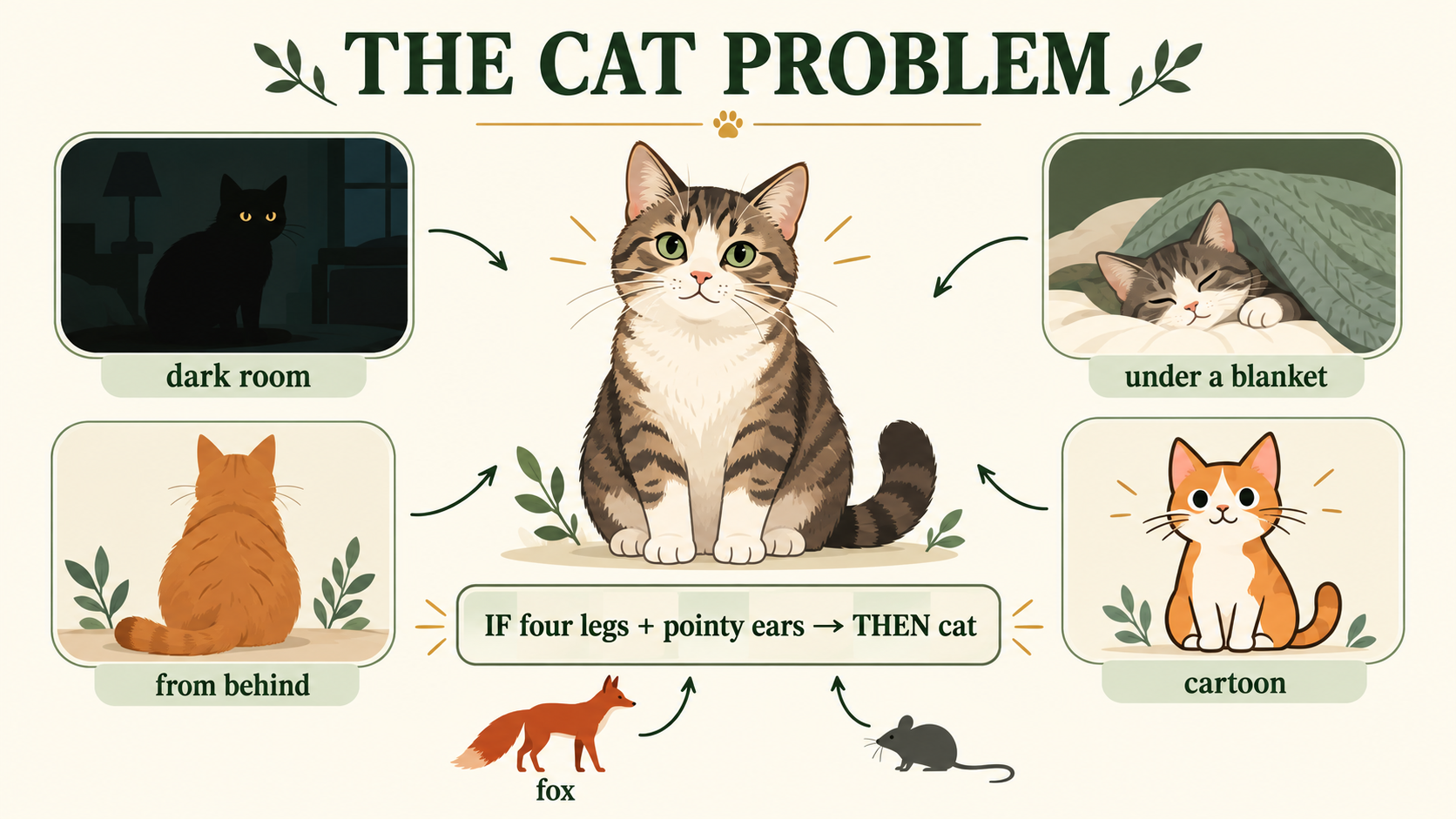 Illustration of why simple rules struggle to recognise cats