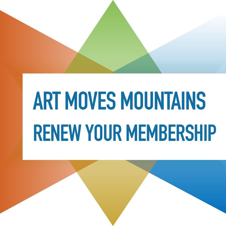 Image of colorful triangles and the phrase, "Art Moves Mountains: Renew Your Membership"