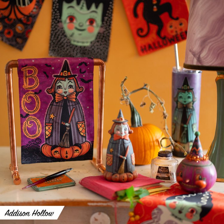 Addison Hollow NEW mini flags, custom copper flag stand and stainless steel tumbler, featuring Johanna's illustrated Halloween characters