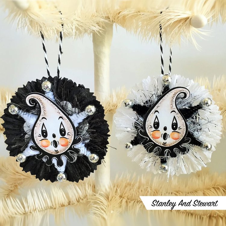 Stan And Stew Halloween ruffled ghost ornaments, featuring Johanna's illustrated character faces