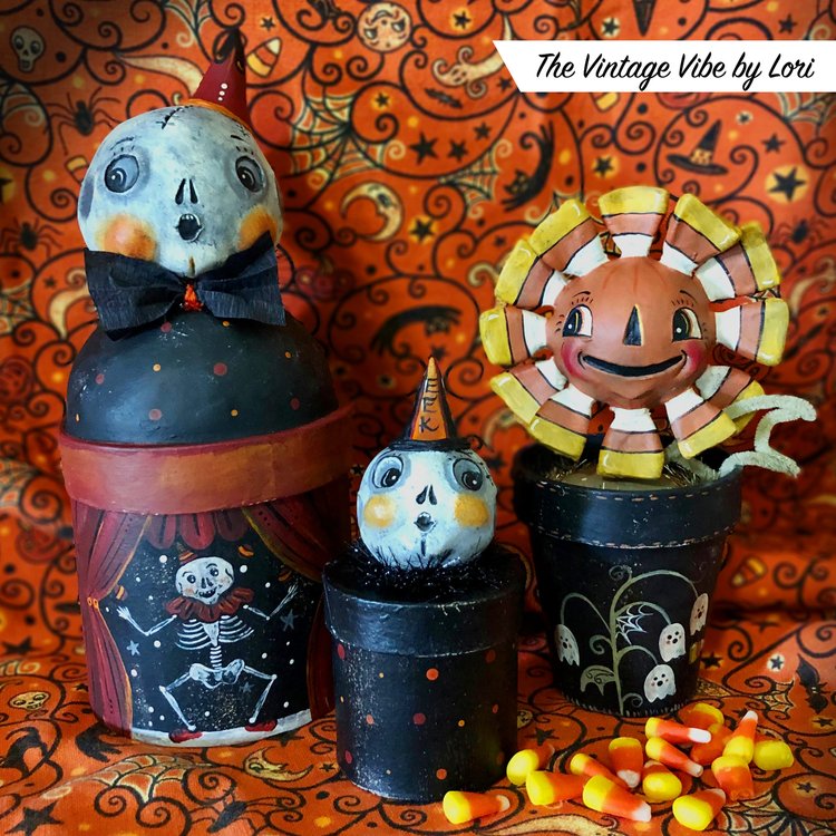 The Vintage Vibe by Lori hand-sculpted skeleton and candy corn flower candy boxes, inspired by Johanna's folk art