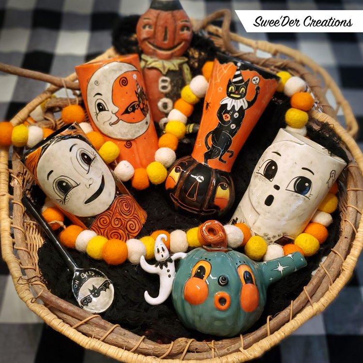 Swee'Der Creations handmade, one of a kind ceramics, featuring Johanna's Halloween characters