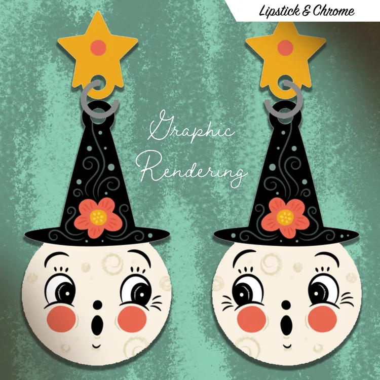 Graphic rendering of new Luna dangle earrings made from pearlescent acrylics, coming soon from Lipstick & Chrome