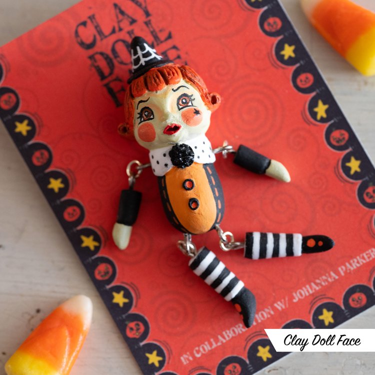 Clay Doll Face Witch Dangle Pin made in collaboration with Johanna Parker