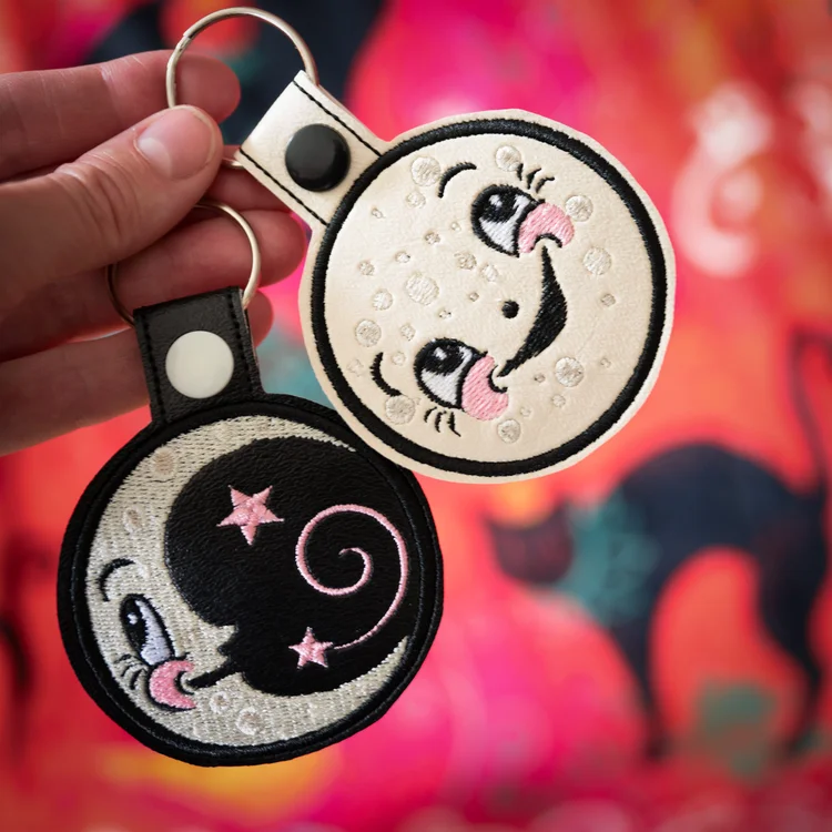Luna themed handmade keychains, embroidered and constructed by BooKimi