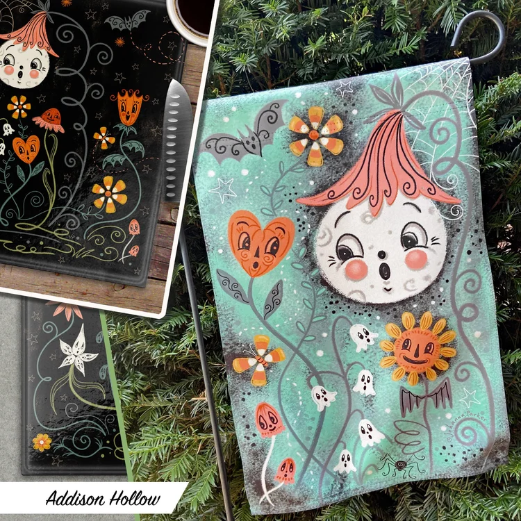 Addison Hollow garden flags & pebbled glass cutting boards feature Johanna's Spooky Luna Night Garden illustrations