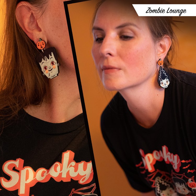 Zombie Lounge Spooky Love t-shirt matching earrings, featuring Johanna's Frankenstein & Bride illustrations
