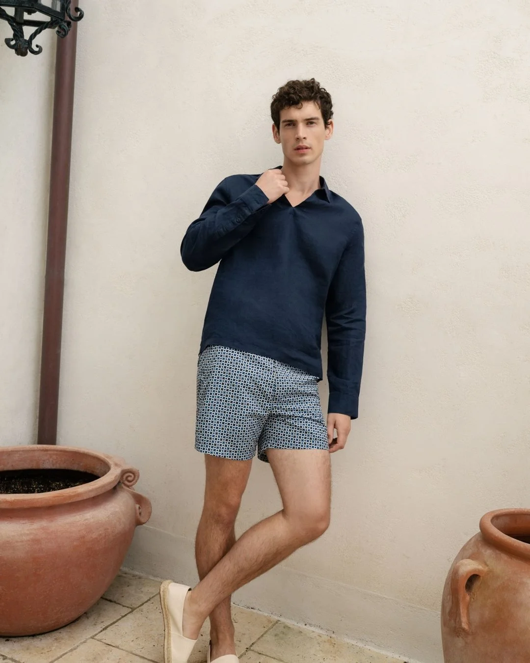 Navy linen popover and printed swim trunk