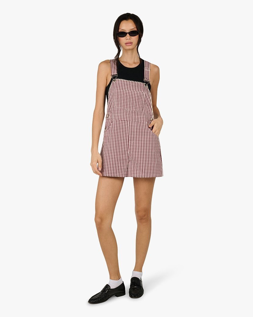 Gingham overall shorts on model