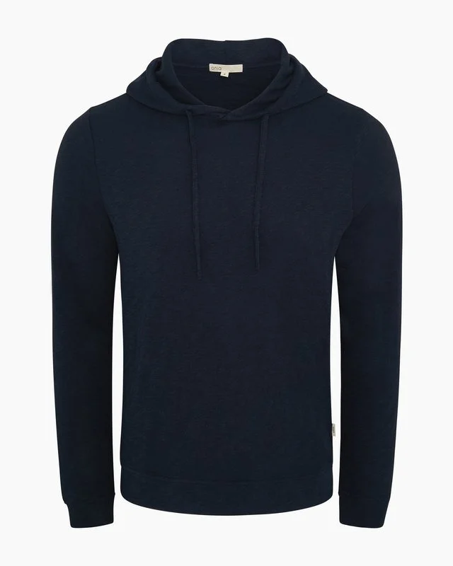 Product flat of a navy hoodie, shot in studio