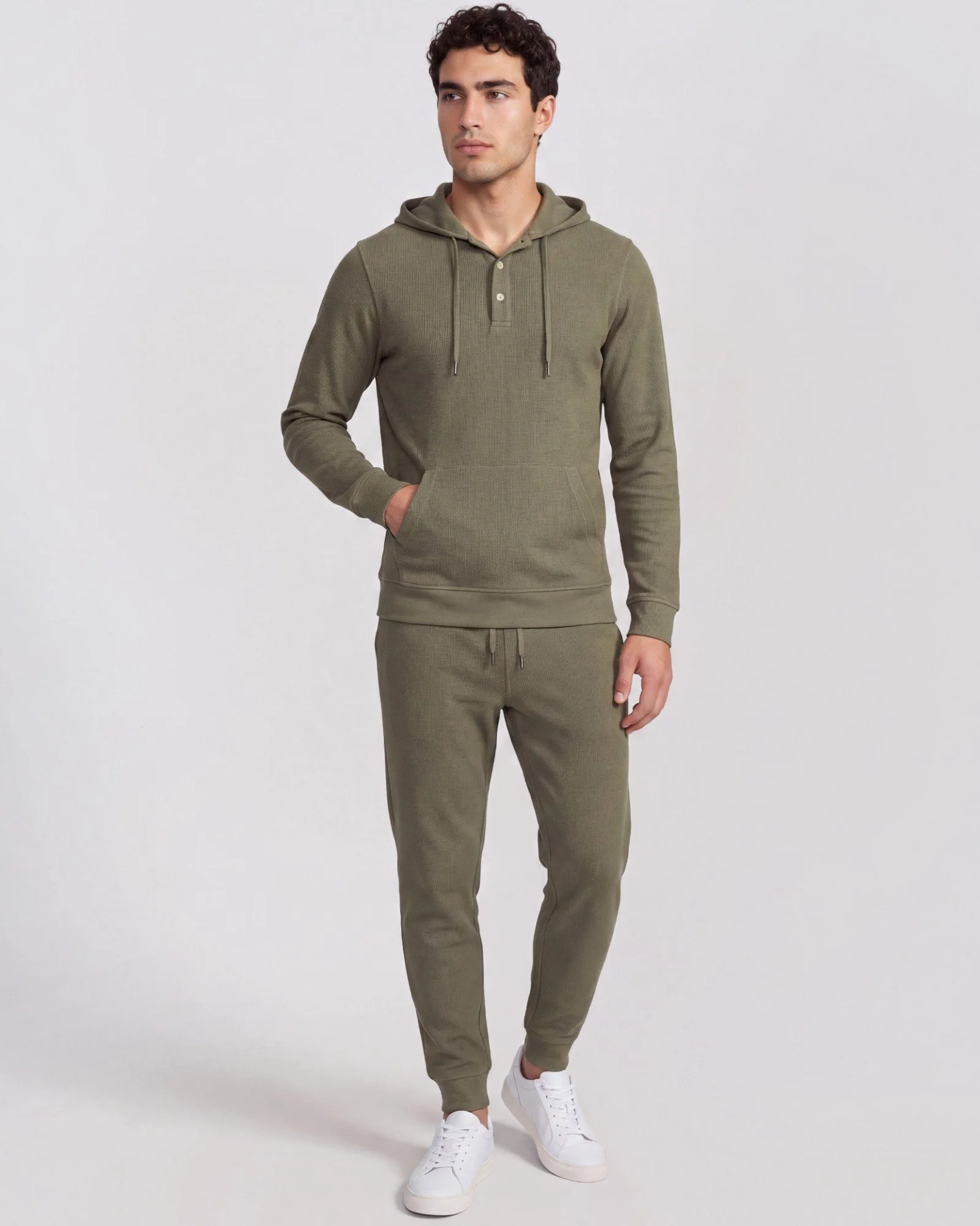 AI ecomm image, men's waffle hoodie and jogger