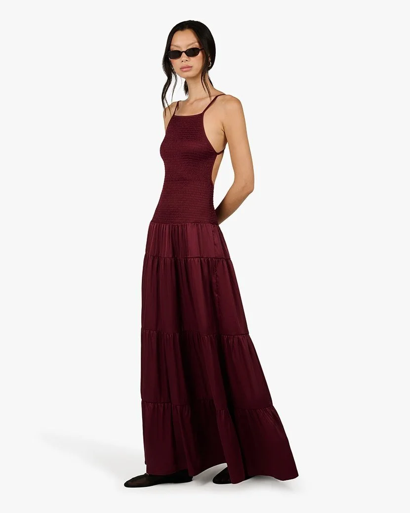 Tiered halter maxi on model