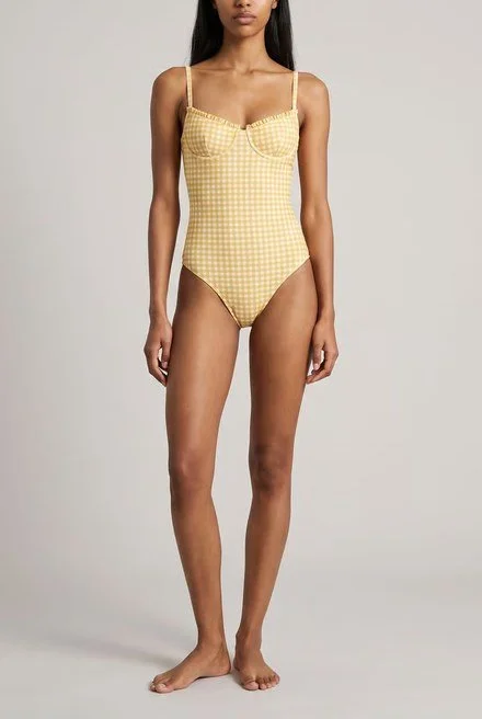 AI on-model image, citrus gingham one piece