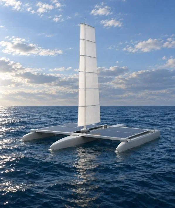 HERMES trimaran at sea with wingsail and solar deck, rendering
