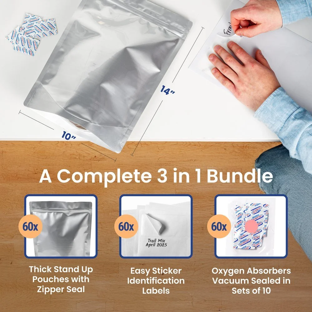 Space Saver 3-in-1 bundle listing image with pouches, labels and oxygen absorbers