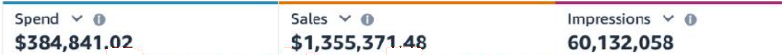 Amazon Ads console: $384,841.02 spend, $1,355,371.48 sales, 60,132,058 impressions