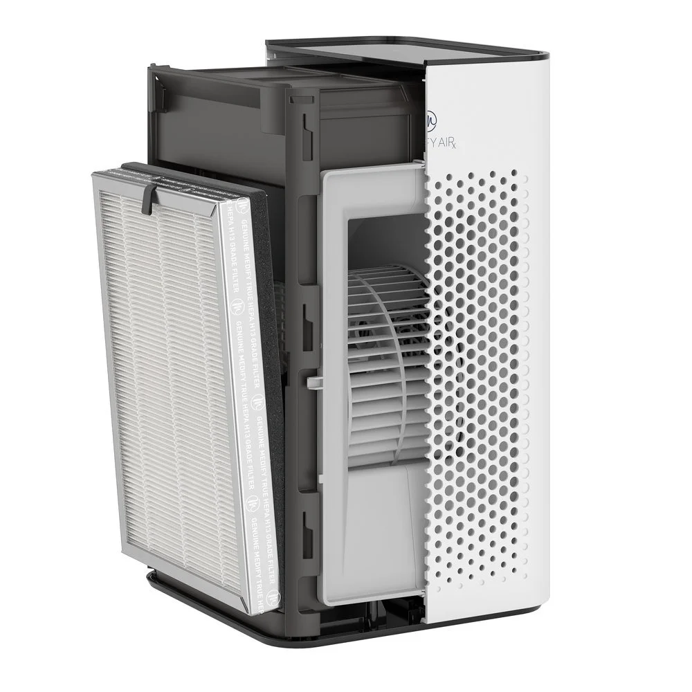 3D cutaway render of a Medify Air purifier showing filter and fan