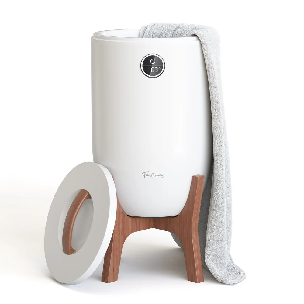 3D render of a Fontaines towel warmer on a wooden stand