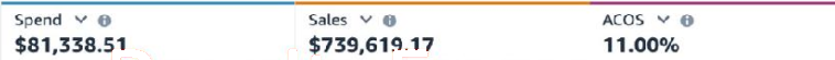 Amazon Ads console: $81,338.51 spend, $739,619.17 sales, 11.00% ACOS