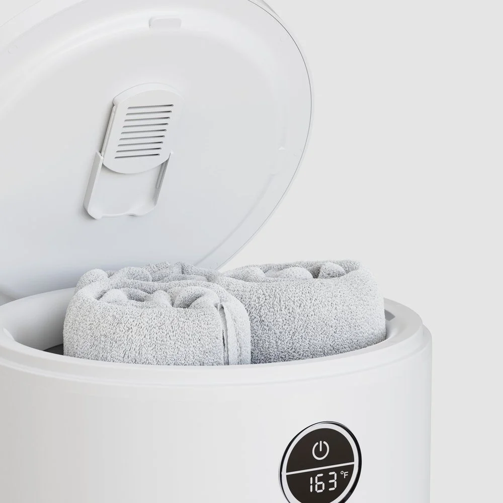 3D close-up render of a Fontaines towel warmer with rolled towels