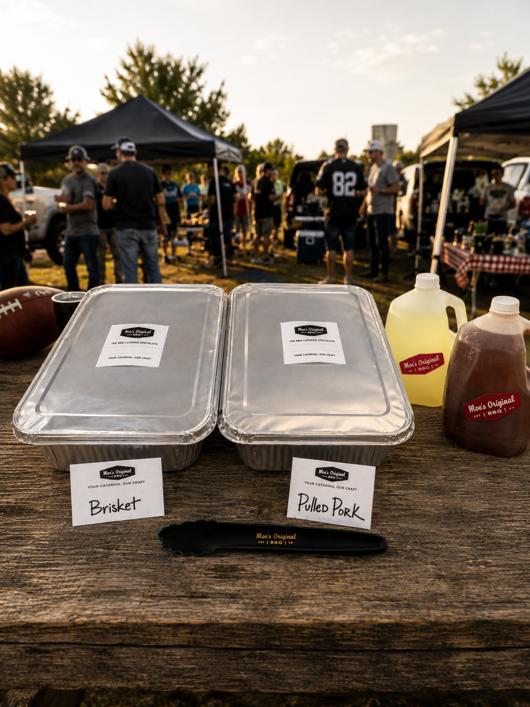 Moe's Original BBQ pre-set catering at a tailgate