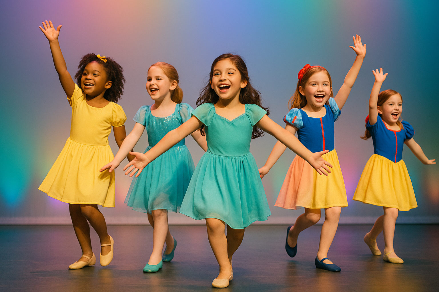 A group of diverse children, dressed in subtle Disney-inspired dance costumes (e.g., colours and styles reminiscent of princesses or heroes, but still dance-appropriate), performing a lively and expressive dance routine on a colourful stage. They are smiling broadly, conveying the magic and joy of Disney.