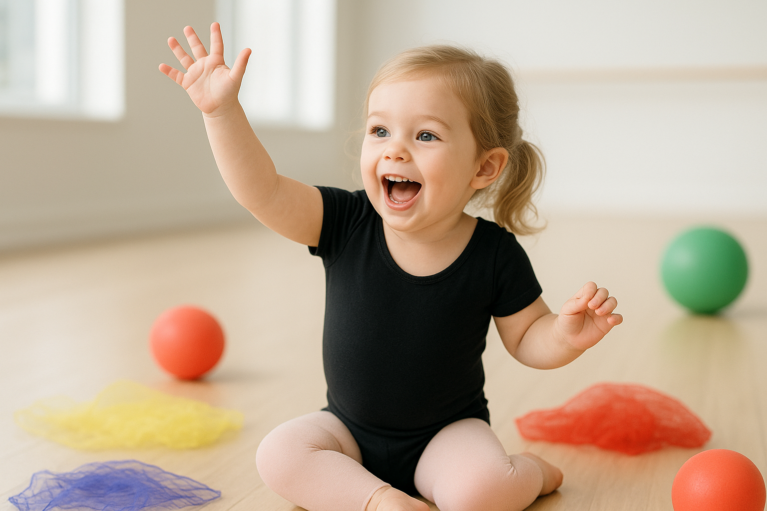 A very young child, around 2-3 years old, in a cute dance outfit, reaching up with a big smile in a brightly lit dance studio. They are surrounded by soft, oversized colourful props like scarves or balls. The scene is whimsical and focuses on early exploration of movement.