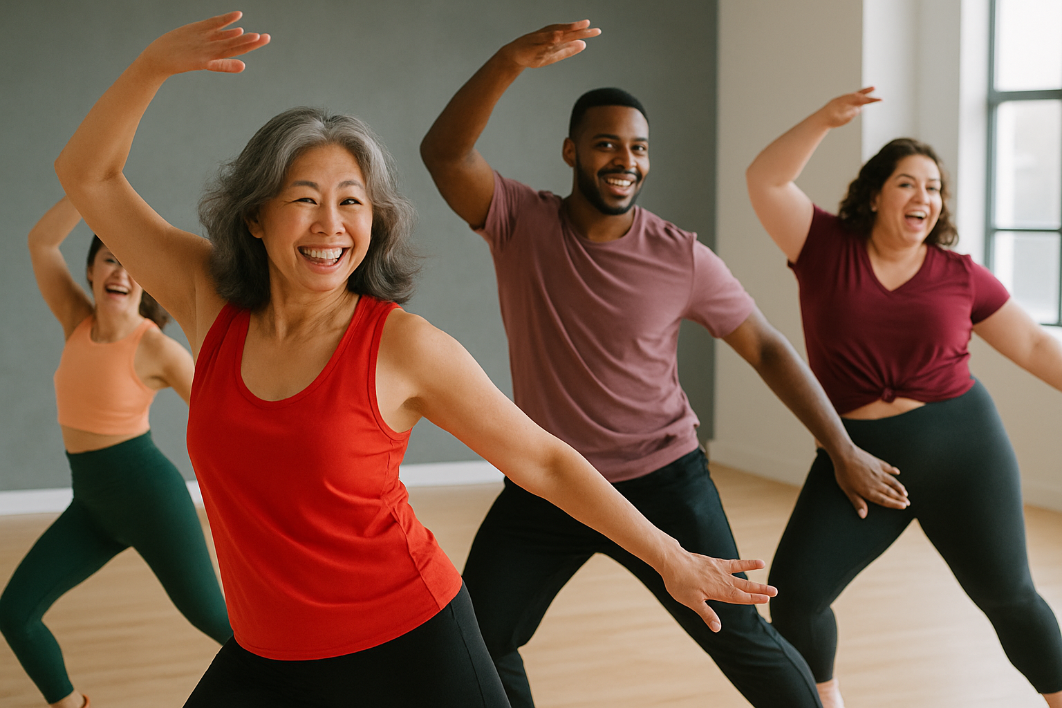 A diverse group of adults, of various ages and body types, confidently performing an energetic jazz funk dance routine in a vibrant studio. They are wearing comfortable, stylish activewear, and their expressions show enjoyment and empowerment. Dynamic lighting.