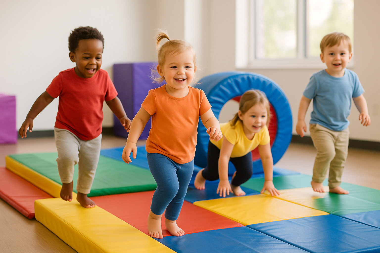A small group of toddlers, around 2-3 years old, joyfully moving and exploring a colourful, padded play space in a dance studio. They are engaged in simple, guided activities, like walking on a low beam or crawling through a soft tunnel, with bright, inviting colours. Focus on their curiosity and social interaction.