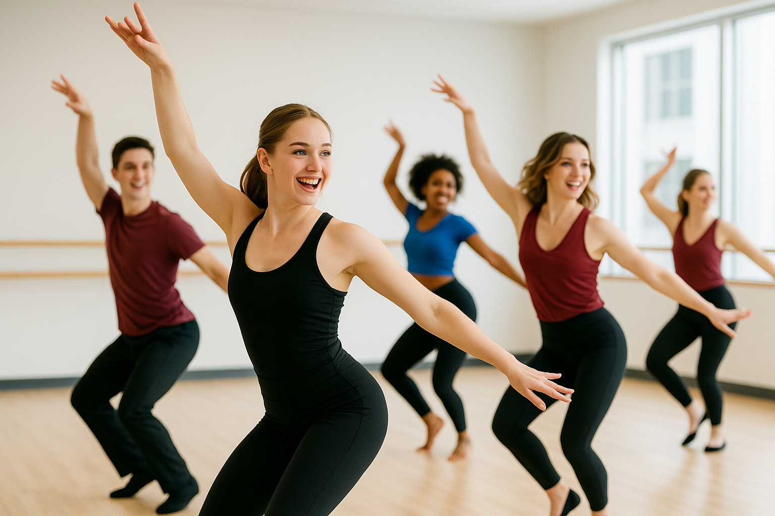 A group of energetic dancers, diverse in age (e.g., teens to young adults), performing a sharp and stylized jazz dance routine in a vibrant dance studio. They are wearing sleek, modern dancewear. The lighting is dynamic, emphasizing their powerful movements and expressive faces.