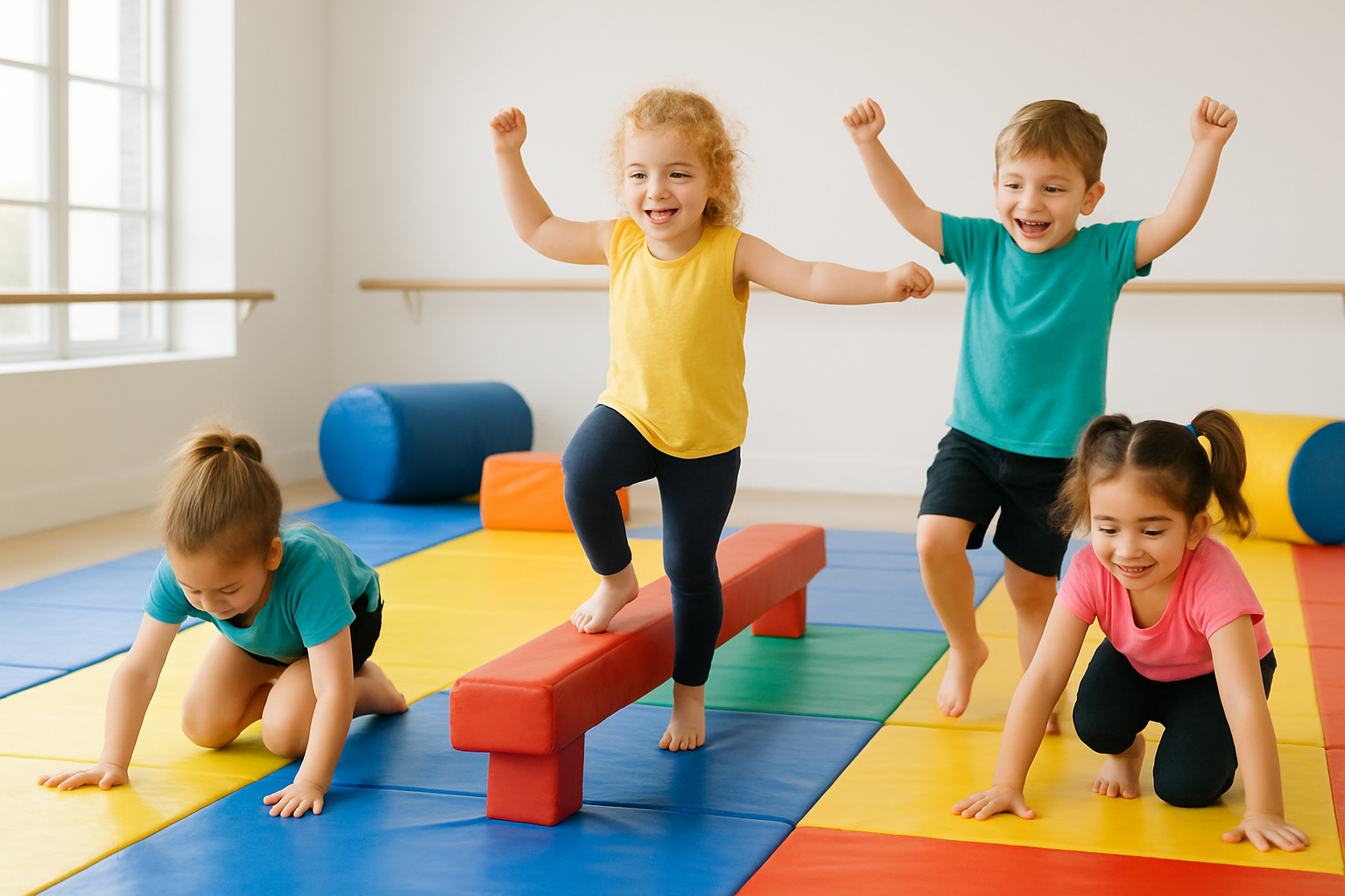 A small group of enthusiastic young children, around 4-6 years old, joyfully attempting simple tumbling skills like forward rolls or balancing on a low beam in a colourful, padded gym area. The scene is playful and encouraging, focusing on their early development of motor skills.