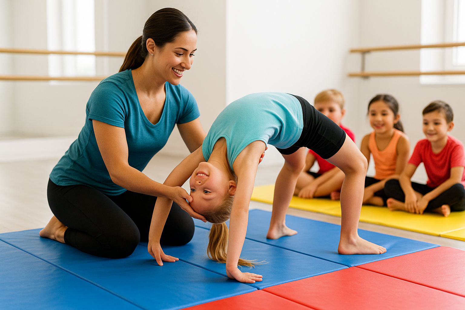 A small group of children, around 6-8 years old, learning basic tumbling skills like bridges or cartwheels on soft mats in a bright gym. An instructor is patiently demonstrating. The image conveys a supportive learning environment and the excitement of trying new skills.