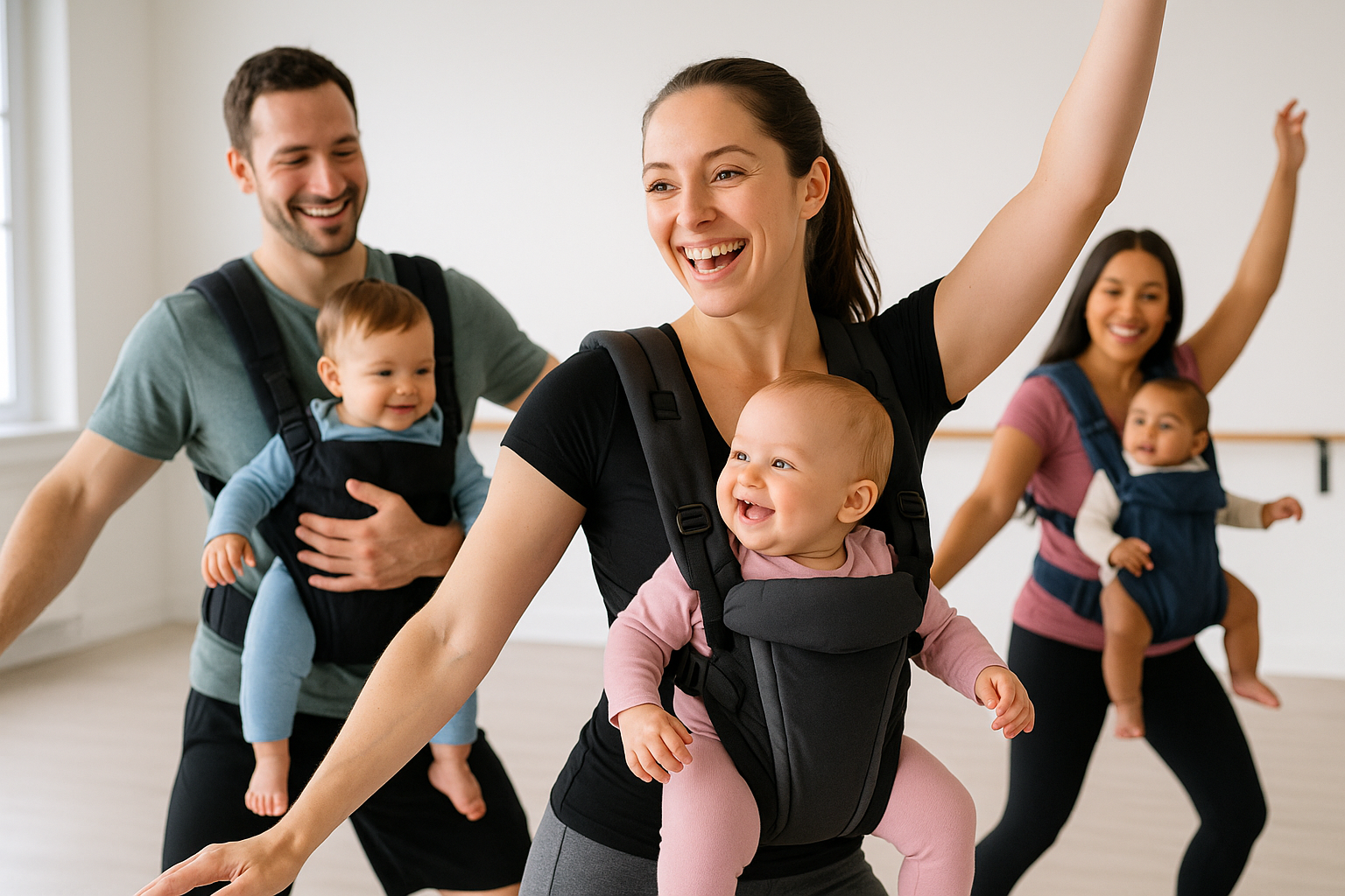 A diverse group of parents, each holding a baby in a comfortable baby carrier, participating in a gentle, rhythmic movement class in a bright, welcoming studio. Parents are smiling and interacting with their babies, showing a sense of bonding and light activity. Soft, warm lighting.
