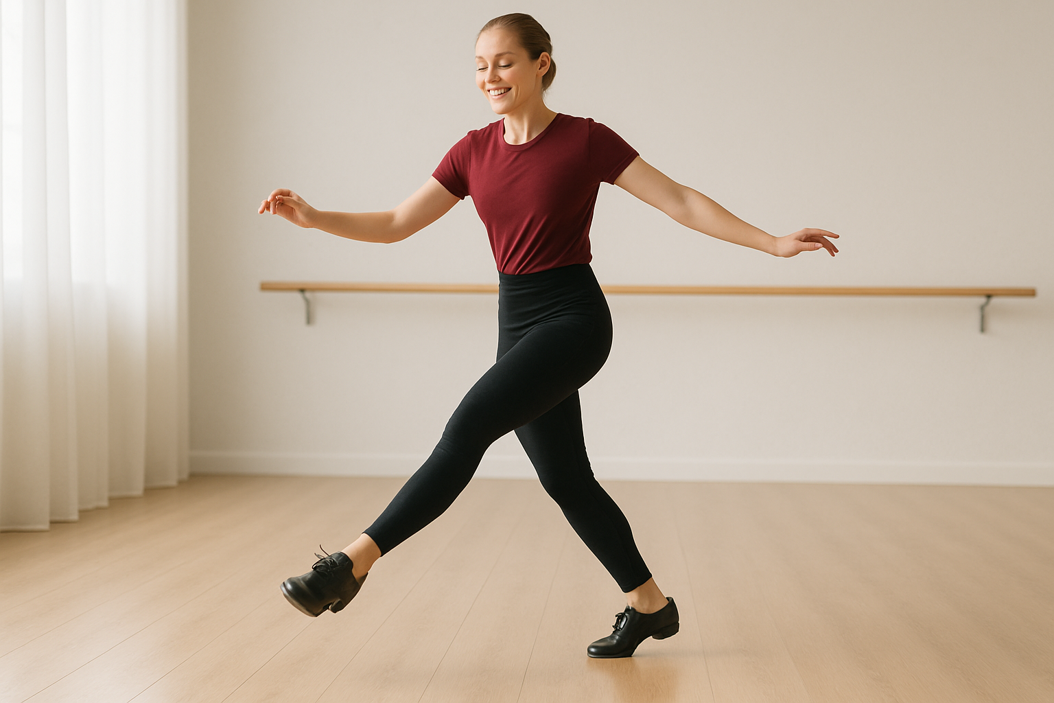 A dynamic tap dancer, showcasing intricate footwork and rhythm, possibly mid-shuffle or flap, on a wooden dance floor. The image should capture the precision and musicality of tap, with a focus on the feet and the percussive movement.