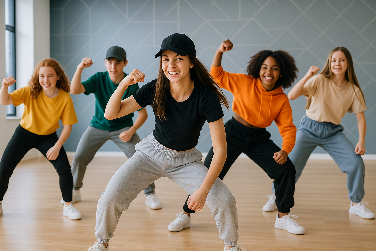 A dynamic group of energetic dancers, ranging from pre-teens to teenagers, performing sharp, synchronized hip hop moves in a modern dance studio with graffiti-style art on one wall. They are wearing trendy, comfortable dancewear. The lighting is vibrant and highlights their powerful movements.