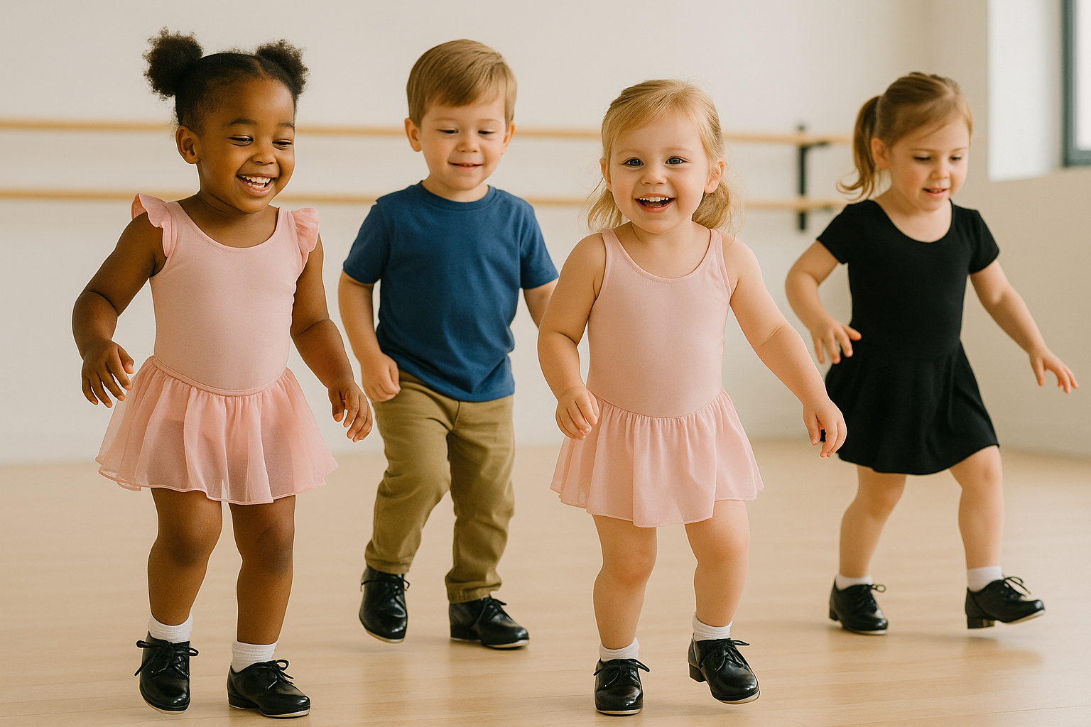 A small group of adorable young children, around 3-4 years old, in tap shoes, happily tapping their feet and learning basic rhythms in a bright dance studio. Their expressions are joyful and concentrated on making sounds with their feet.