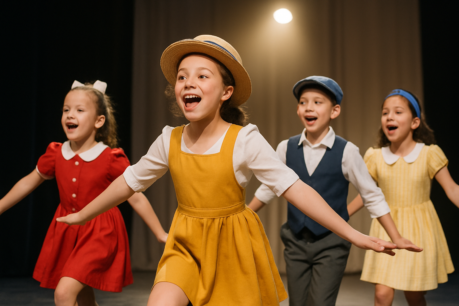A group of expressive dancers, dressed in theatrical but dance-appropriate costumes, performing a lively musical theatre number on a stage with simple props (e.g., top hats, canes). They are singing and dancing with big smiles, capturing the essence of a Broadway show.