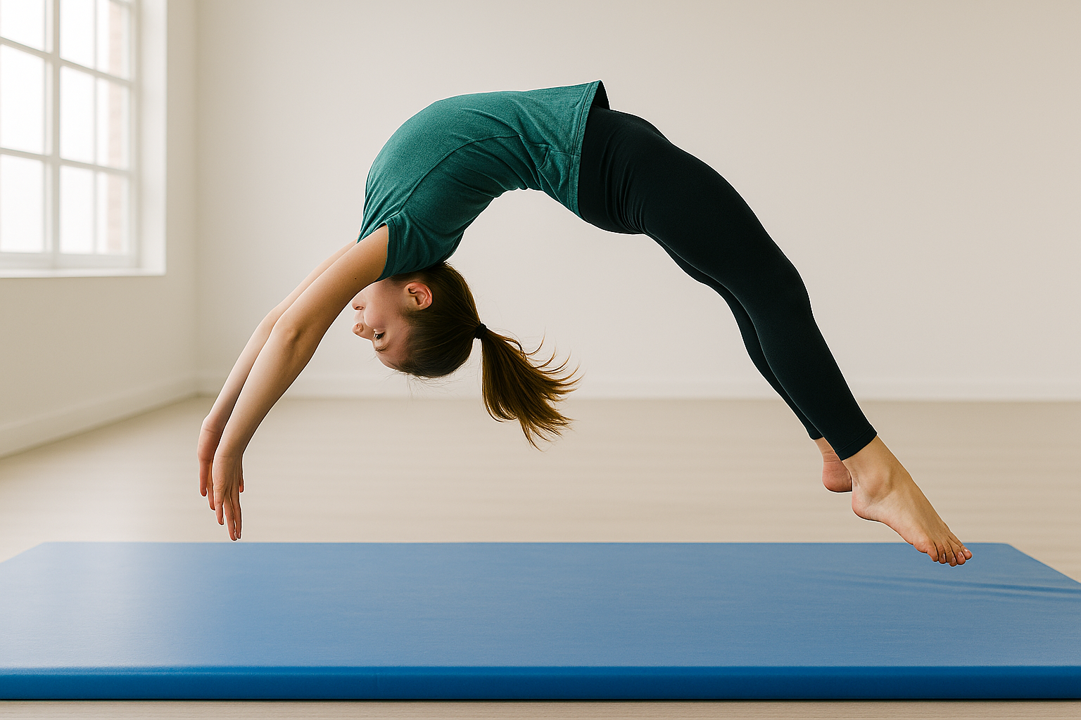 A young gymnast or dancer mid-air during a tumbling pass (e.g., a round-off or back handspring) on a padded mat in a bright gym. The image captures the dynamic motion and controlled athleticism, with a sense of achievement and progress.