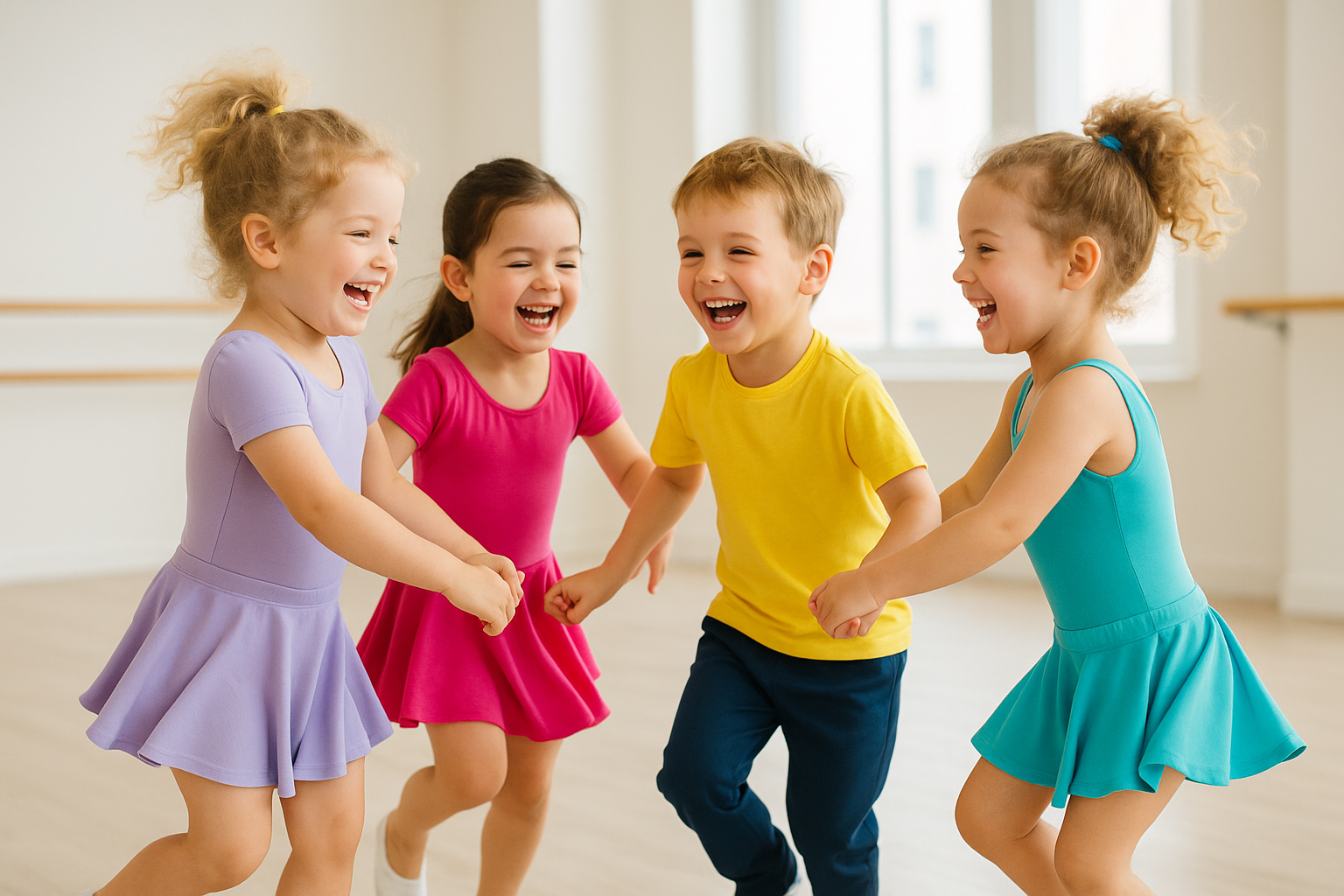 A vibrant, horizontal image of a diverse group of happy dancers of various ages (toddlers, children, teenagers, and adults) in different dance attires (e.g., ballet, hip hop, jazz), all smiling and looking excited, gathered in a bright, modern dance studio. They are looking towards the camera with a sense of anticipation and joy. The background is clean and inviting. Consistent style, 3:2 aspect ratio. Ensure realistic human anatomy, natural and undistorted facial features, and correct body proportions. Avoid any deformities.