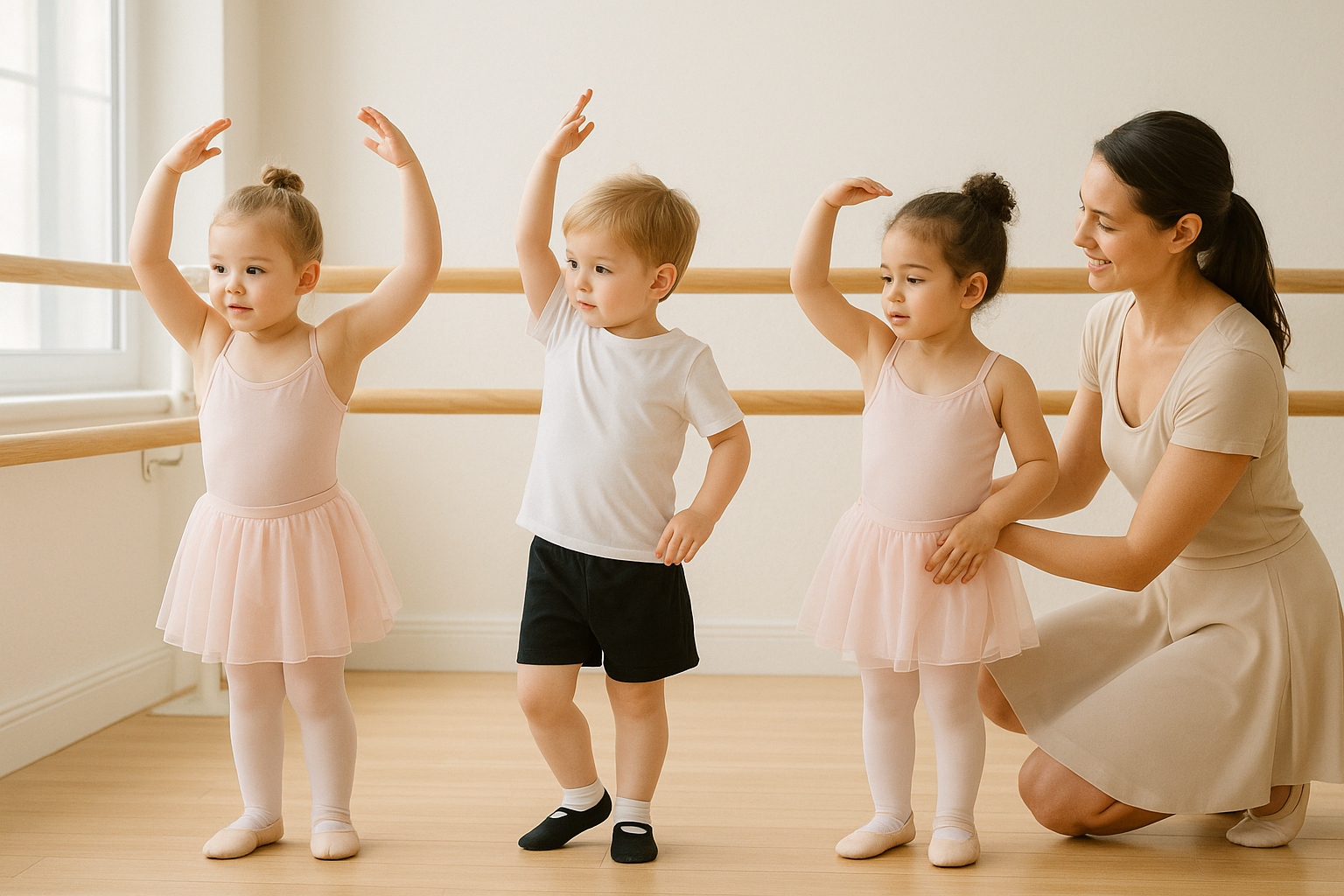 A sweet scene of very young children, around 3-4 years old, in simple ballet attire, mimicking a ballet pose at a child-sized barre in a charming dance studio. Their expressions are focused and adorable, highlighting their early introduction to dance.