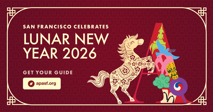 Red background with an asian pattern over and a gold frame with the text "San Francisco Celebrates Lunar New Year 2026, get your guide apasf.org" to the left and a horse rearing up against the Asian American Museum A to the right.