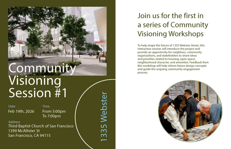 Flyer half green background and half white, on the green half is a rendered photo of what could be built in the community vision. 