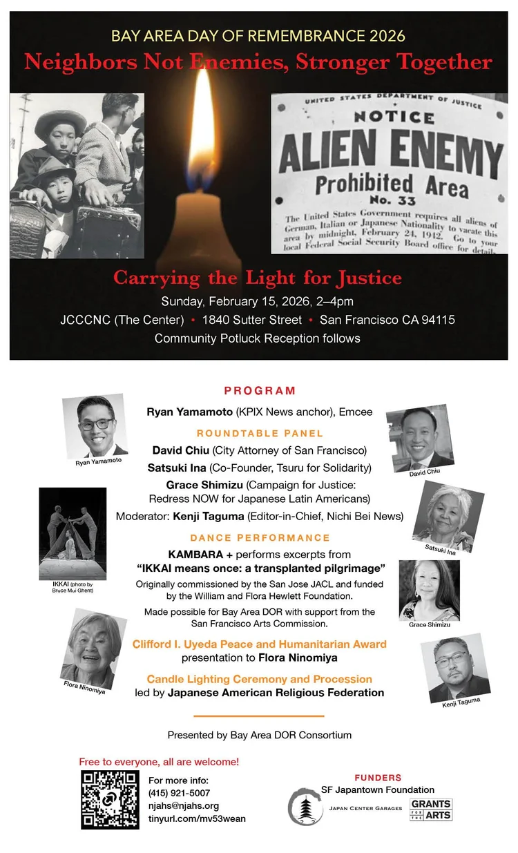 Black and white image of Japanese Americans being lead behind wire fences with guards watching.  A lit candle is in the center and the title "Neighbors Not Enemies, Stronger Together" Carrying the Light for Justice.